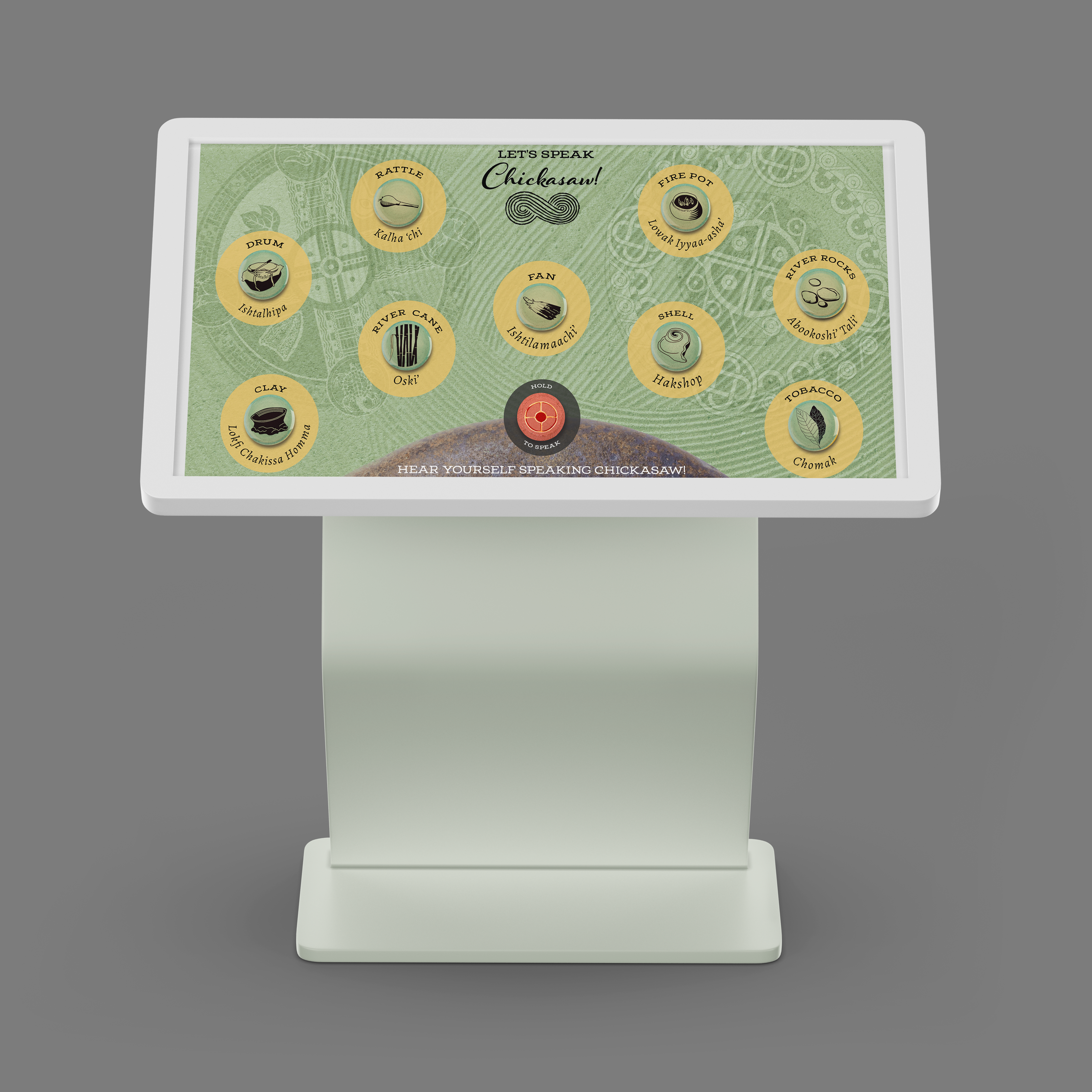 Chickasaw Museum Display - a digital touchscreen kiosk display with the interface transposed ontop